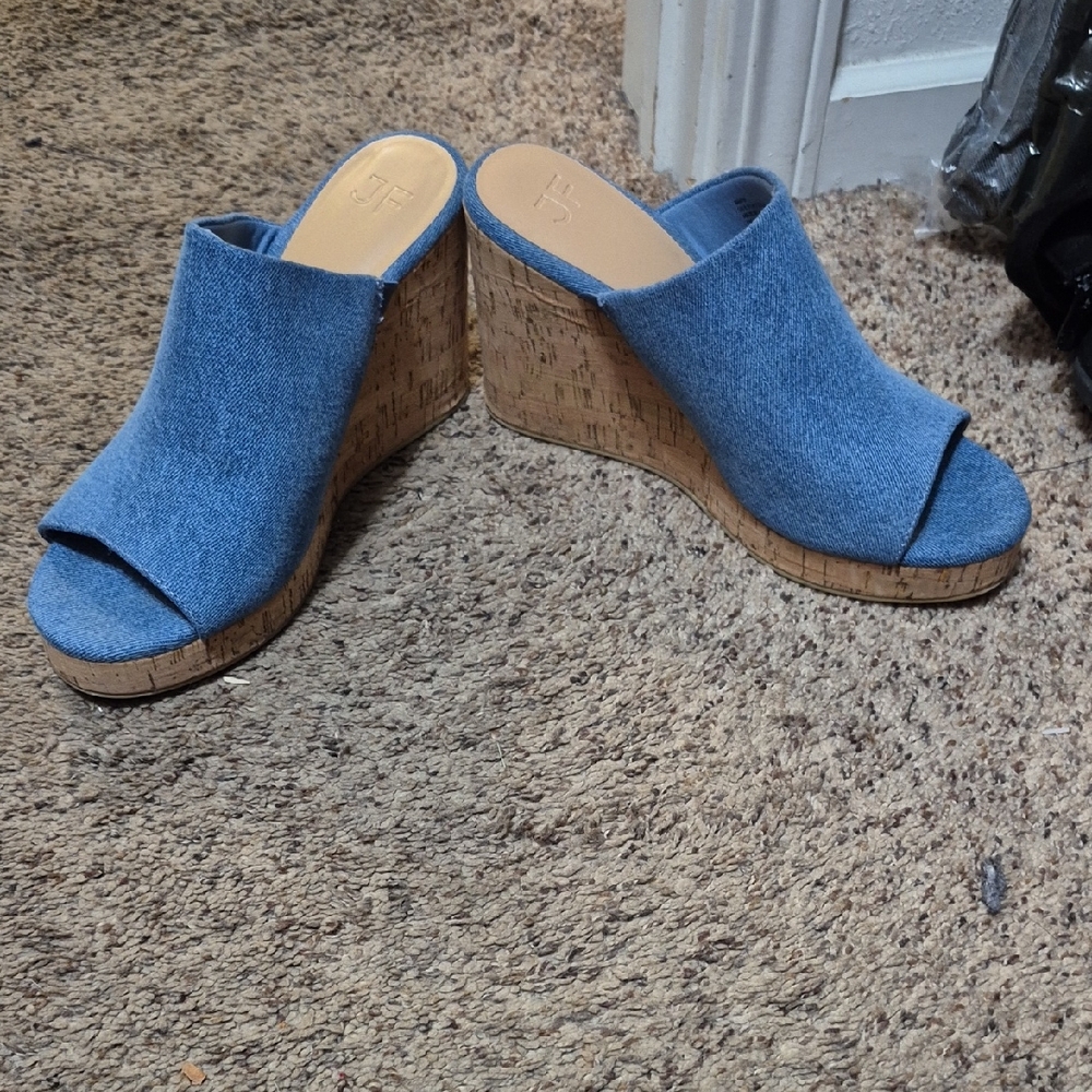 JF J.Ferrar Blue Tan Wedge Sandals